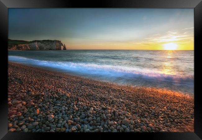 Sunset at Etretat beach Framed Print by Leighton Collins