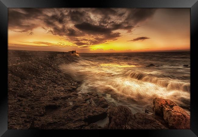 Porthcawl Sunrise with an oil painting effect on t Framed Print by Leighton Collins