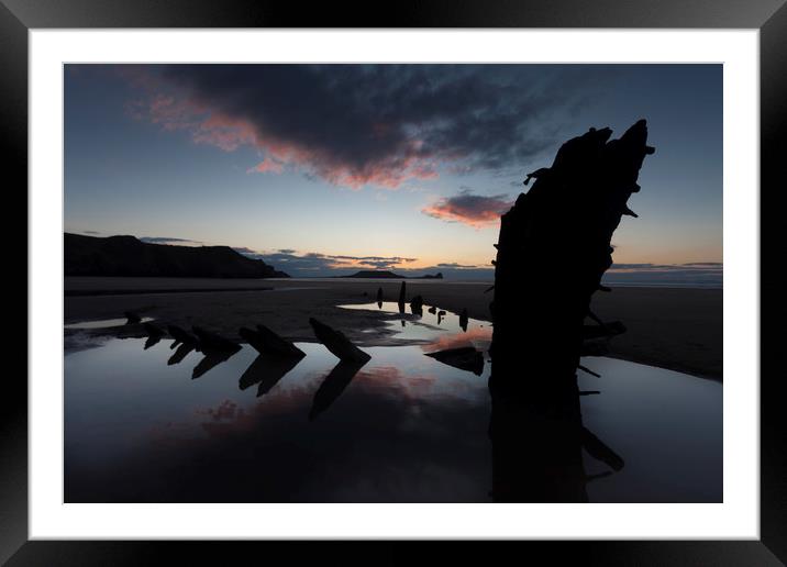 Sunset over the Helvetia at Rhossili Bay Framed Mounted Print by Leighton Collins