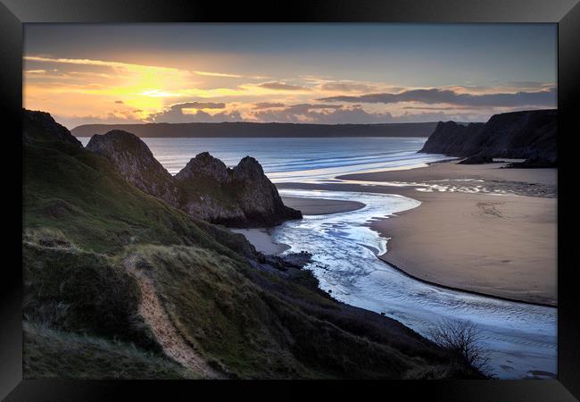 Sunset at Three Cliffs Bay Gower Framed Print by Leighton Collins