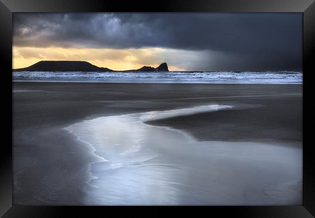 Dusk at Worms Head and Rhossili Bay Framed Print by Leighton Collins