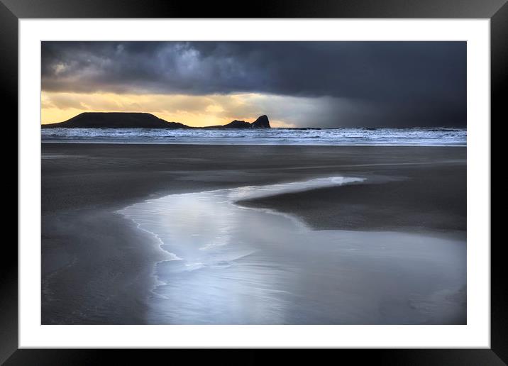 Dusk at Worms Head and Rhossili Bay Framed Mounted Print by Leighton Collins