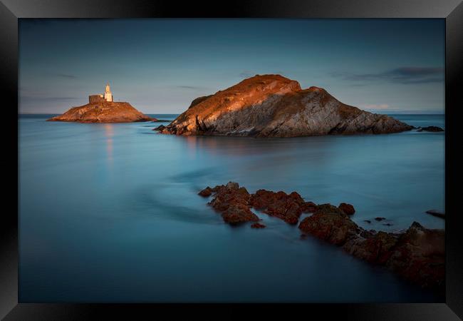 Mumbles Lighthouse at dusk Framed Print by Leighton Collins