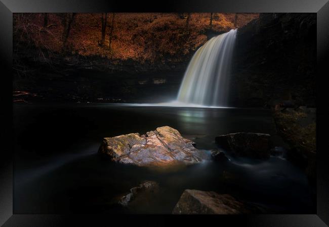 Moody Sgwd Gwladus waterfall Framed Print by Leighton Collins