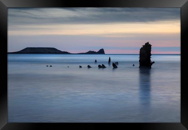 The wreck of the Helvetia on Rhossili Bay, South W Framed Print by Leighton Collins
