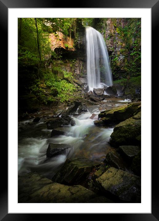 Moody Melincourt waterfall in South Wales Framed Mounted Print by Leighton Collins