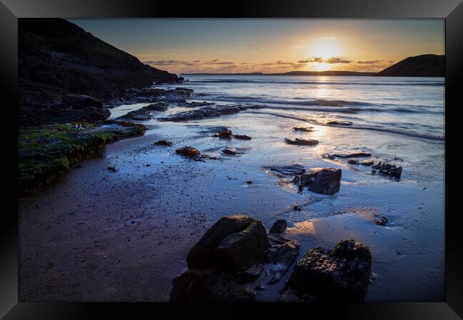 Sunset on Manorbier beach Framed Print by Leighton Collins