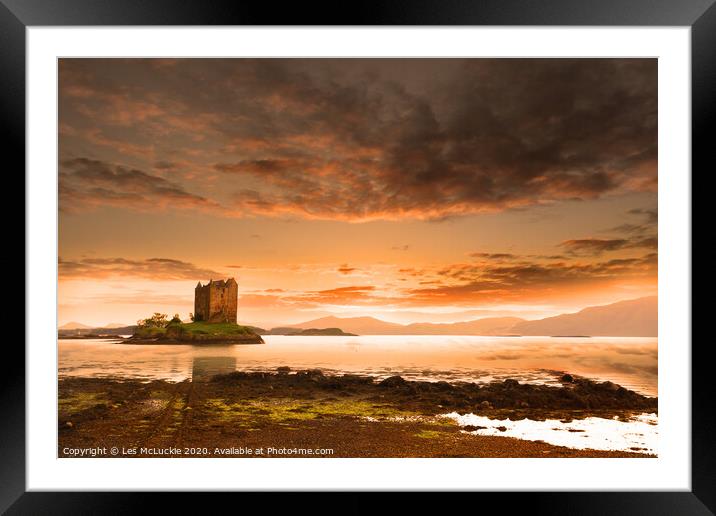 Majestic Sunset over Castle Stalker Scotland Framed Mounted Print by Les McLuckie