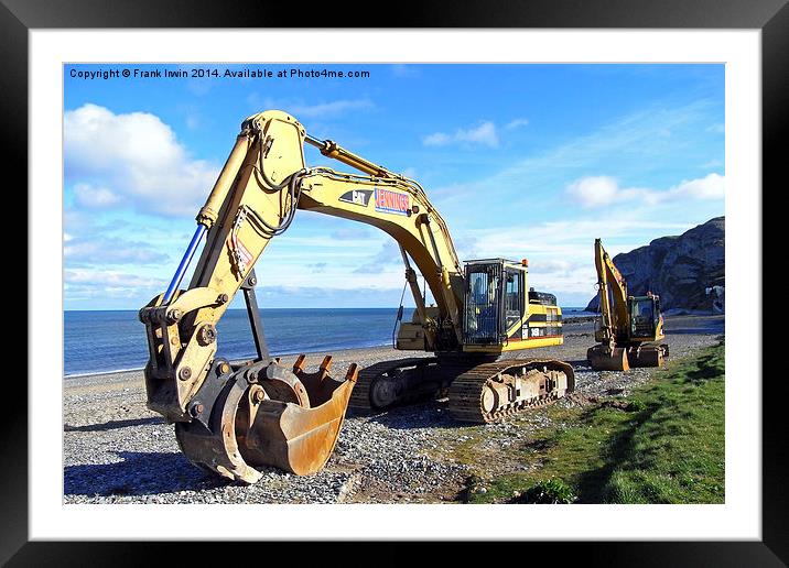 Two JCBs rest overnight on a Welsh beach. Framed Mounted Print by Frank Irwin