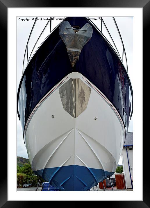  The bow of a yacht set against a blue sky. Framed Mounted Print by Frank Irwin