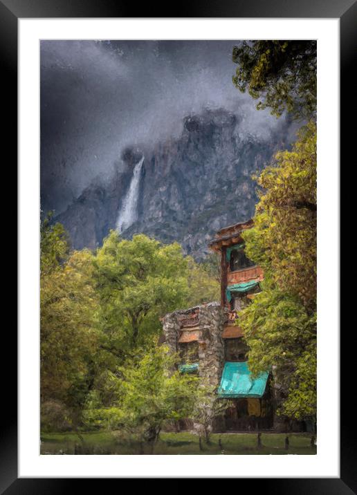 Painted Ahwahnee Hotel with Yosemite Falls Framed Mounted Print by Gareth Burge Photography