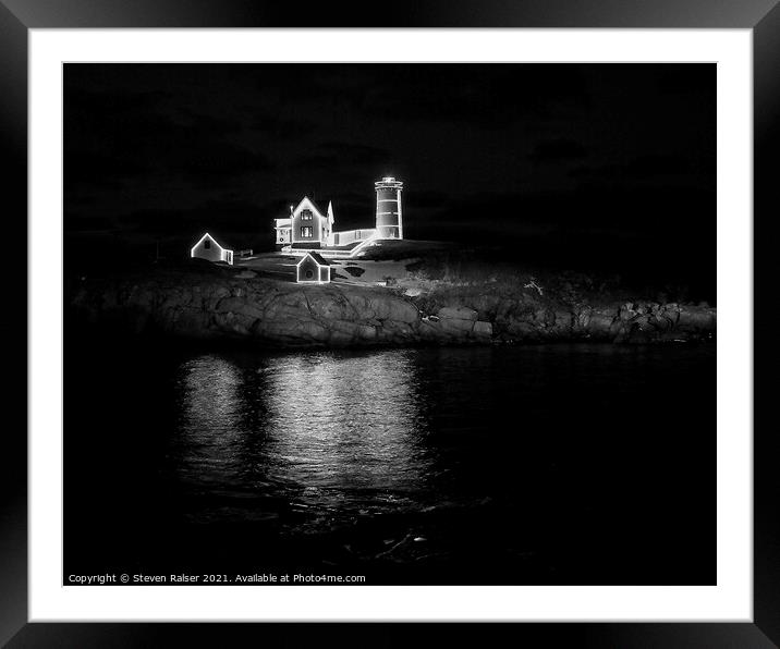 Christmas at the Nubble BW  Framed Mounted Print by Steven Ralser