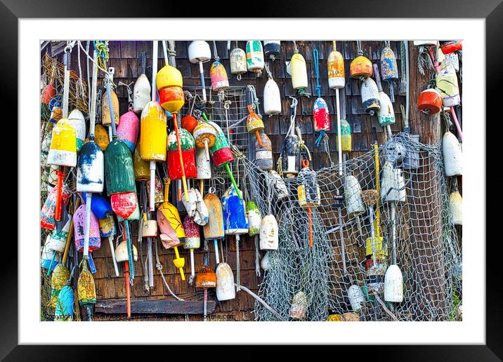 Lobster Buoys on Wall, Cape Neddick, Maine, USA  Framed Mounted Print by Steven Ralser