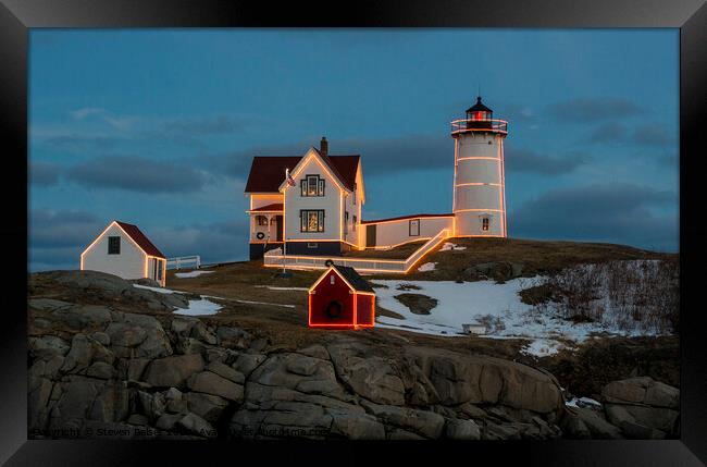 Nubble Lighthouse, York, Maine at Christmas Framed Print by Steven Ralser
