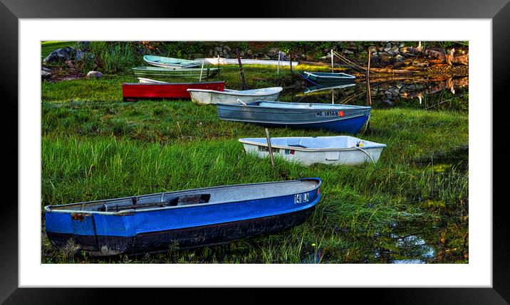 Dinghies in Marsh, Cape Neddick, Maine, USA Framed Mounted Print by Steven Ralser