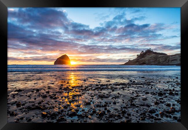 Sunset at Haystack Rock, Cape Kiwanda, Pacific City, Oregon Framed Print by Belinda Greb