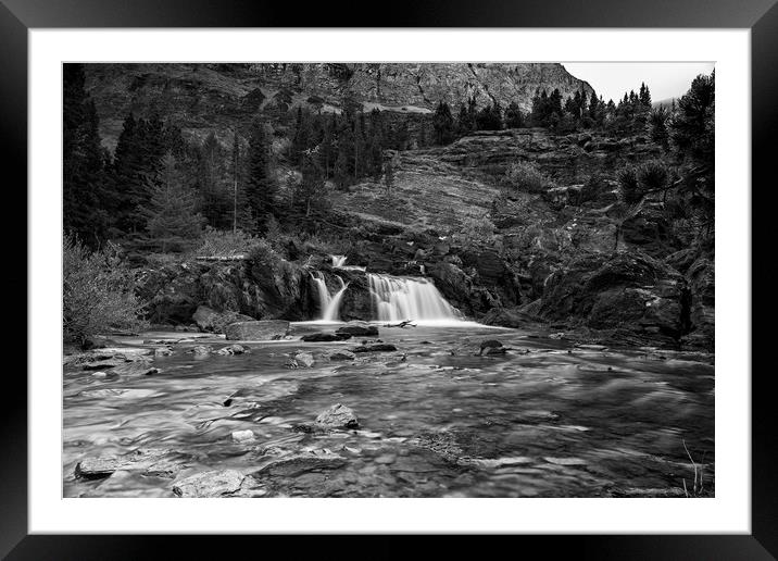 Redrock Falls bw - Glacier National Park Framed Mounted Print by Belinda Greb