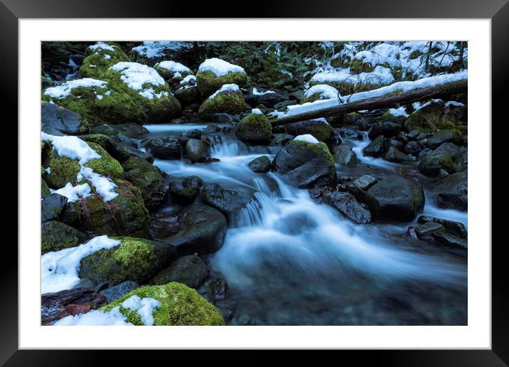 Snow, Moss, Water Over Rocks Framed Mounted Print by Belinda Greb