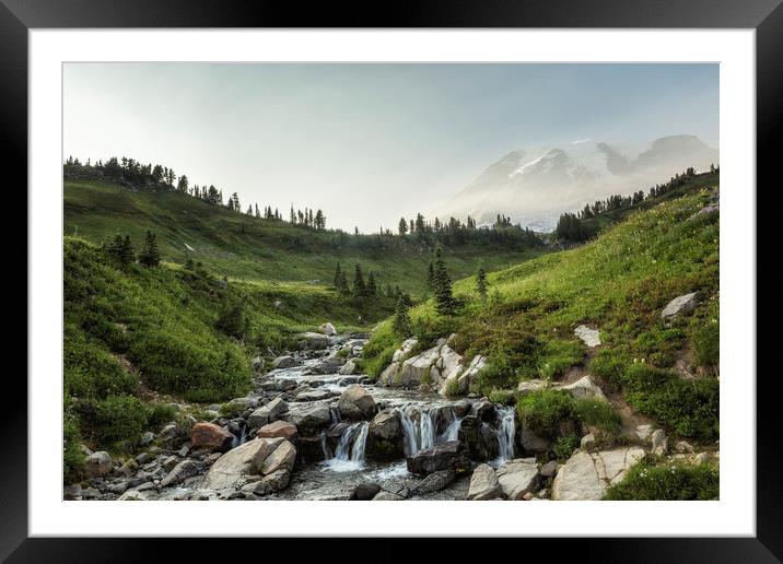 Early Evening Light on Mt Rainier and Edith Creek Framed Mounted Print by Belinda Greb