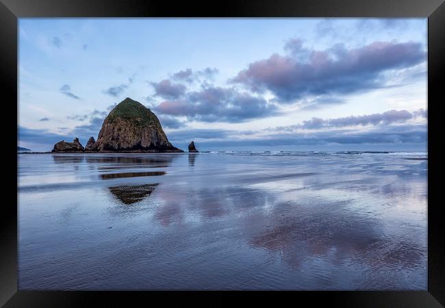 Haystack Rock at Low Tide in Early Morning Framed Print by Belinda Greb