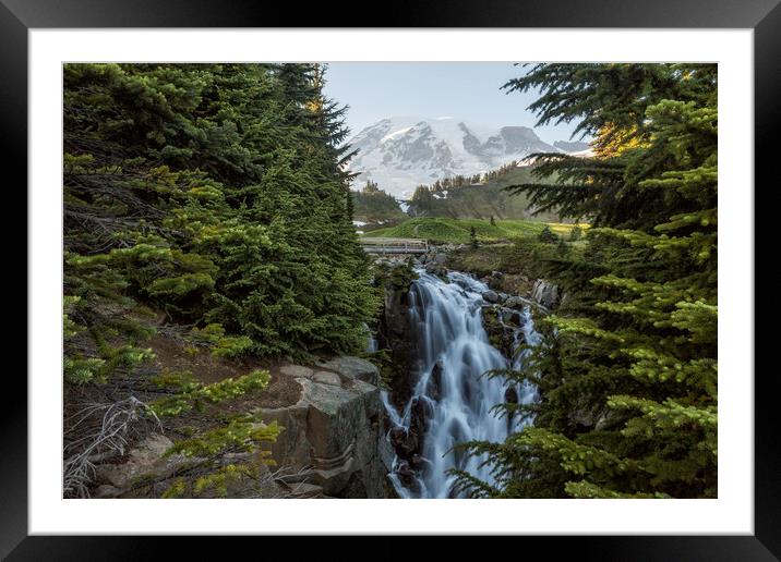 Mount Rainier and Myrtle Falls, Late Afternoon Framed Mounted Print by Belinda Greb
