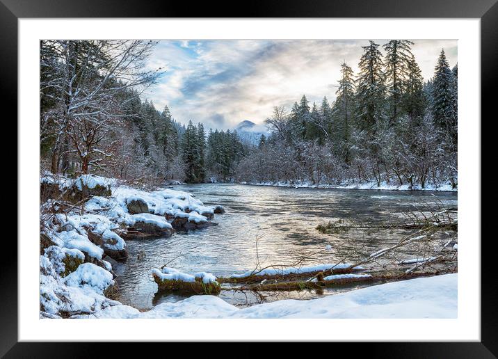 Morning on the McKenzie River Between Snowfalls Framed Mounted Print by Belinda Greb