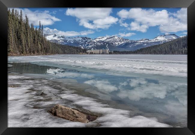 Reflections in a Partially Thawed Lake Louise Framed Print by Belinda Greb