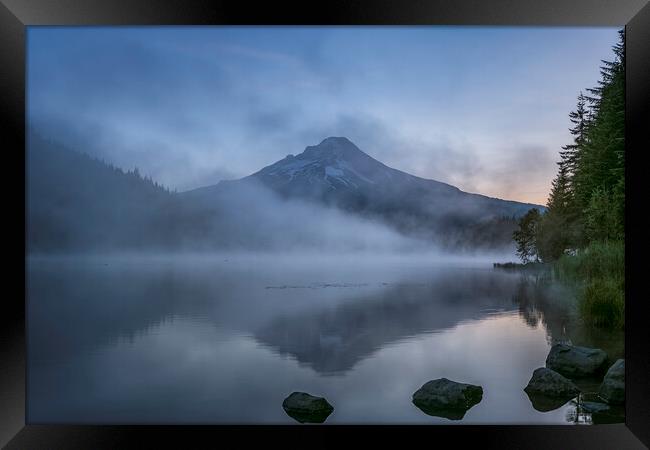 Rising Light and Mist on Trillium Lake Framed Print by Belinda Greb