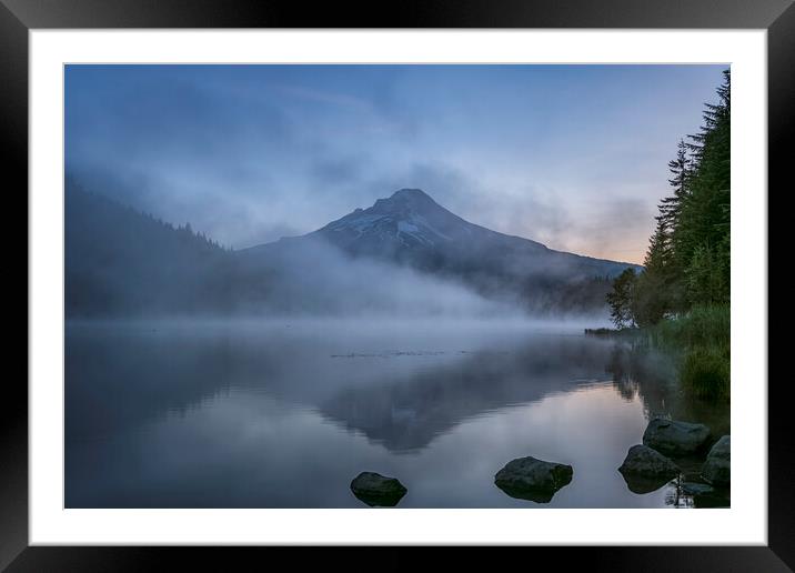 Rising Light and Mist on Trillium Lake Framed Mounted Print by Belinda Greb