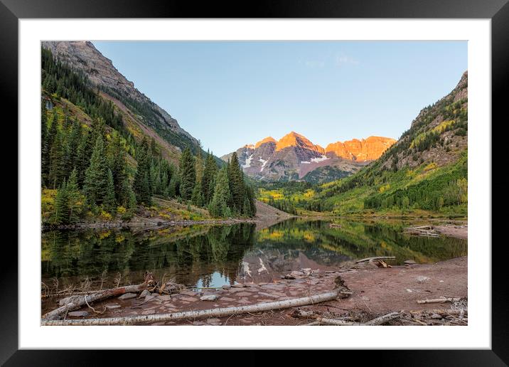 Sunlight Hitting the Peaks at Maroon Bells Framed Mounted Print by Belinda Greb