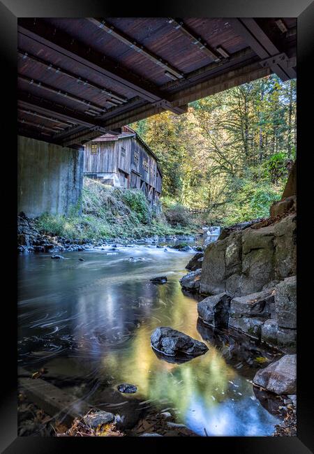 The View of Cedar Creek Grist Mill from Under The Bridge Framed Print by Belinda Greb
