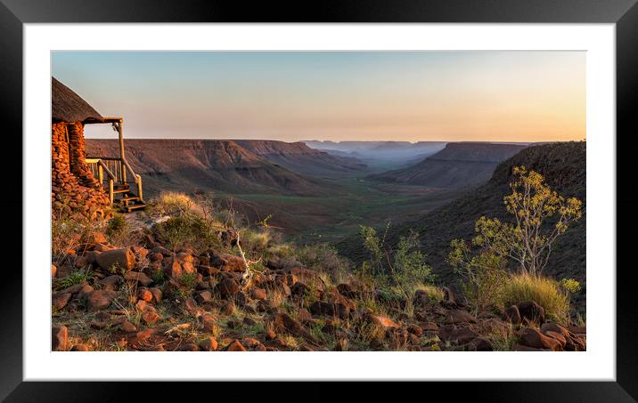 Sun Setting at Grootberg Lodge over Klip River Valley in Namibia Framed Mounted Print by Belinda Greb