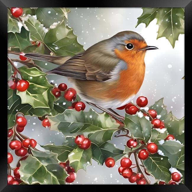 Robin on a holly branch in winter Framed Print by Scott Anderson