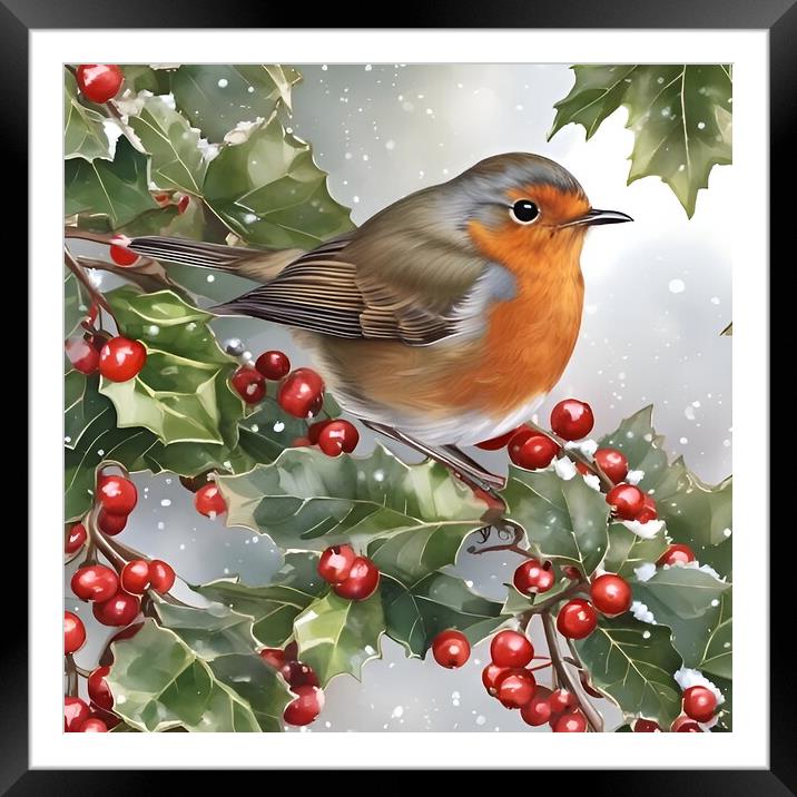 Robin on a holly branch in winter Framed Mounted Print by Scott Anderson