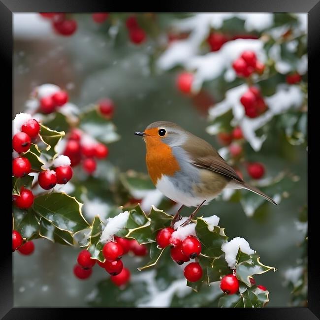 Robin in winter on a holly tree Framed Print by Scott Anderson