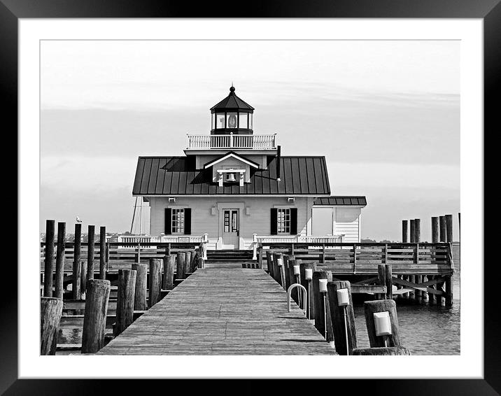  Roanoke Marshes lighthouse Black and White Framed Mounted Print by Tom and Dawn Gari