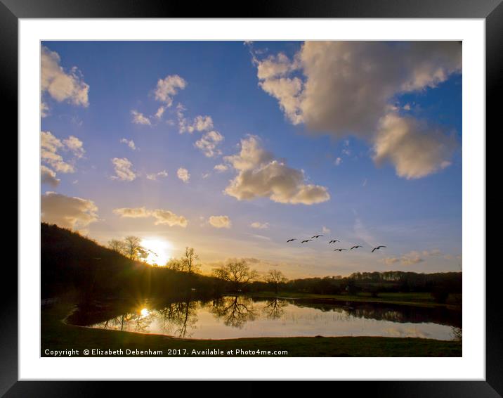 Geese over Sarratt Water meadow at Sunset Framed Mounted Print by Elizabeth Debenham