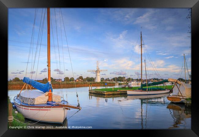 Boats moored at Thurne Windmill Norfolk Framed Print by Chris Warren