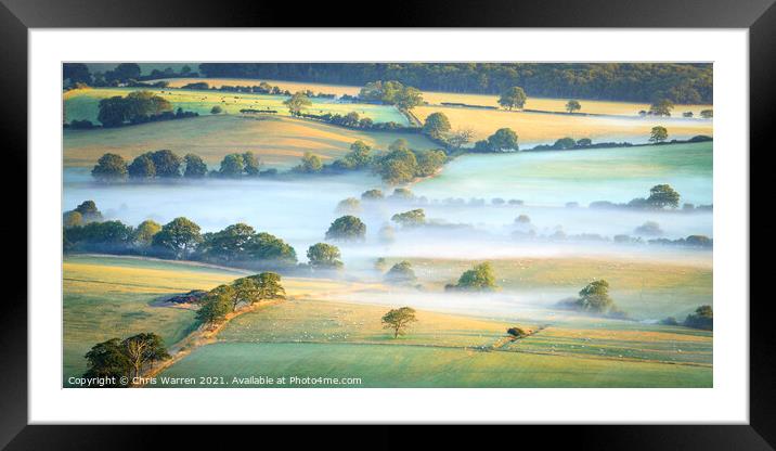 Early morning mist over the fields  Framed Mounted Print by Chris Warren