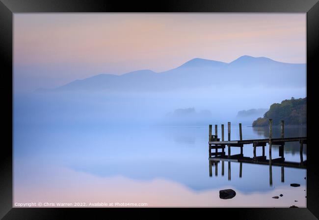 Jetty in the mist at Derwent Water Cumbria Lake Di Framed Print by Chris Warren