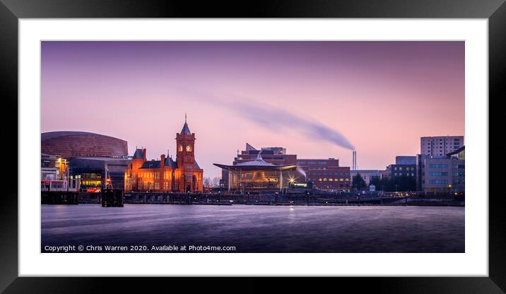 Pier House and Senedd Cardiff in the twilight Framed Mounted Print by Chris Warren