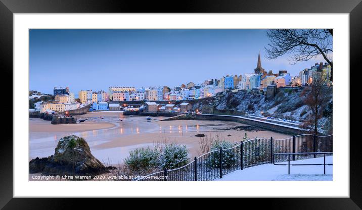 Snow in Tenby at twilight Framed Mounted Print by Chris Warren