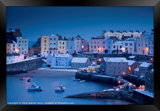 Winter snow Tenby Harbour at twilight Framed Print by Chris Warren