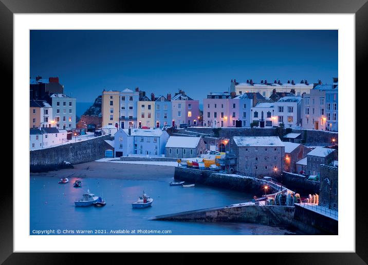 Winter snow Tenby Harbour at twilight Framed Mounted Print by Chris Warren