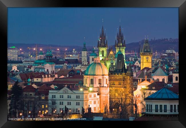 Overview of Prague Czech Republic at twilight Framed Print by Chris Warren