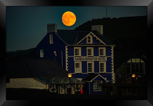 full moon over the harbor Aberaeron Framed Print by Andrew chittock