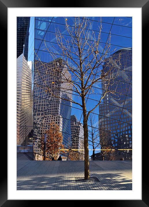 Mirrored  skyscrapers in New York - Ground Zero Framed Mounted Print by Maria Carter