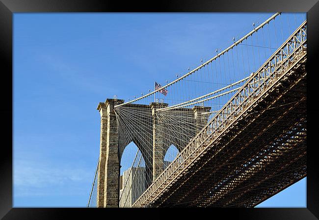 Brooklyn Bridge New York, shot from underneath Framed Print by Maria Carter
