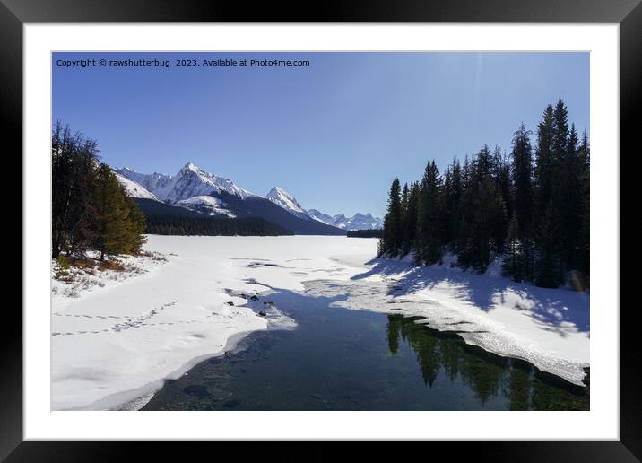 Snowy Maligne Lake Amidst White Peaks Framed Mounted Print by rawshutterbug 