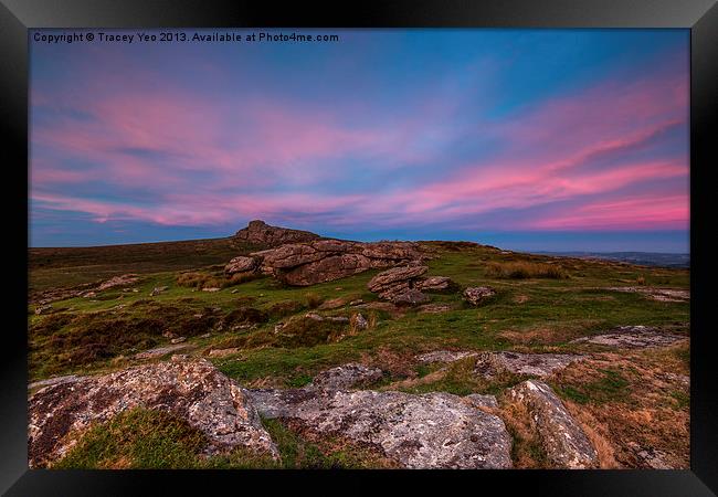 Haytor From Saddle Tor At Sunset. Framed Print by Tracey Yeo